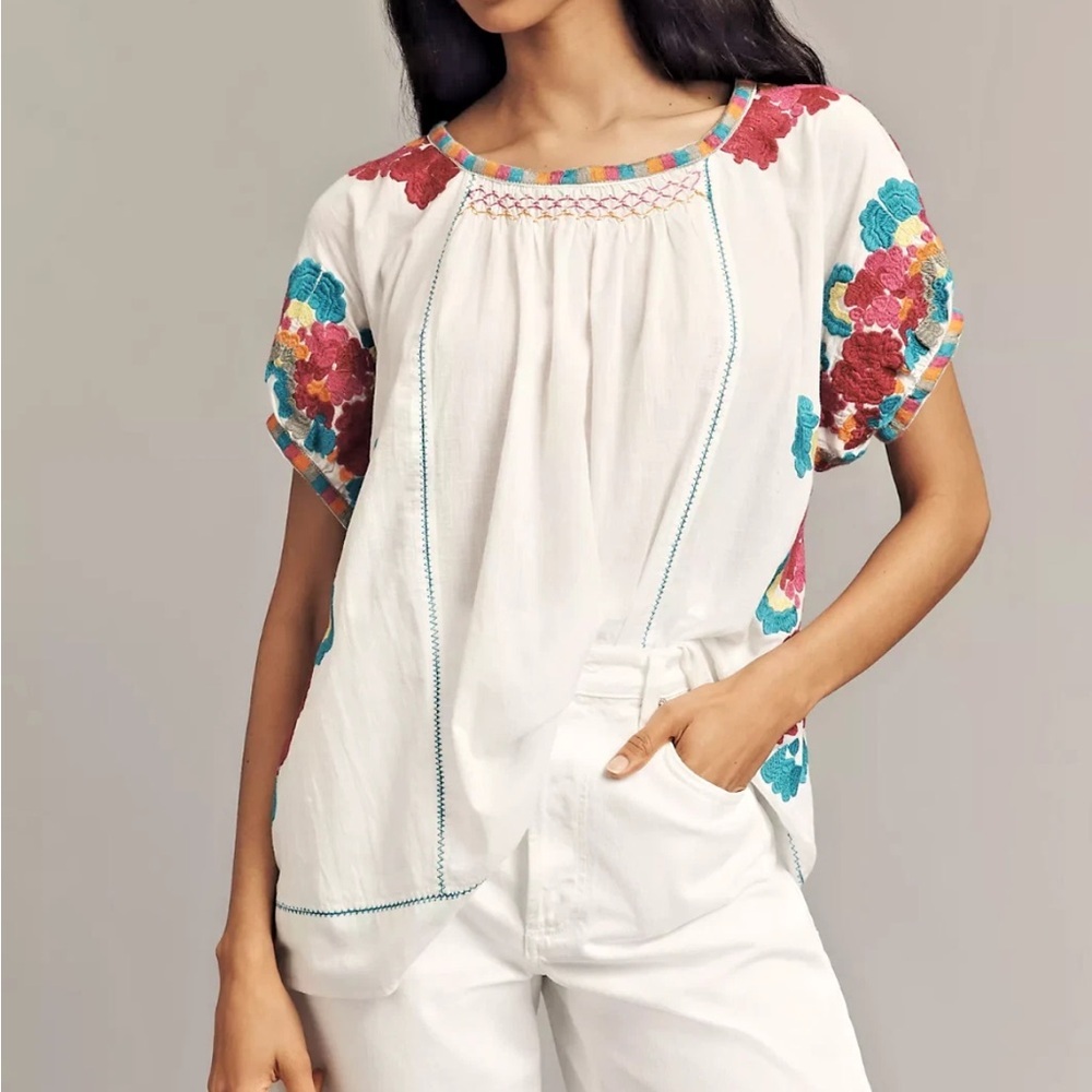 NWT $138 ANTHROPOLOGIE Embroidered Tunic Top BLOUSE WHITE PINK FLORAL Sz S*U17